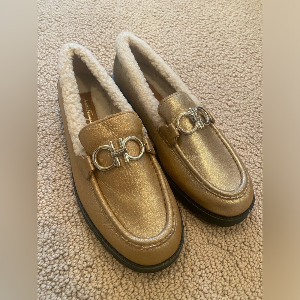 Salvatore Ferragamo Gold/Platinum Lamb Fur Loafer